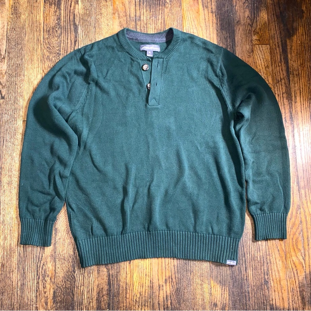Eddie Bauer Men's 2 button Pullover Sweater 100% Cotton Size Large Forrest Green